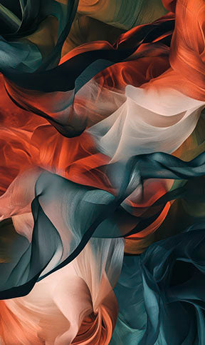 Abstract flowing fabric art canvas with teal, burnt orange, cream, and deep green layered waves on premium material