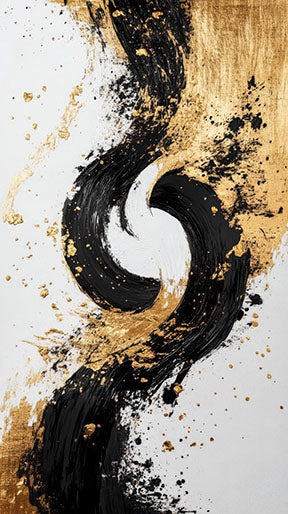 Abstract gold and black modern canvas art with dynamic brushstrokes and gold accents on MDF frame
