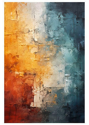 Abstract warm and cool canvas art with bold orange and blue tones in MDF frame