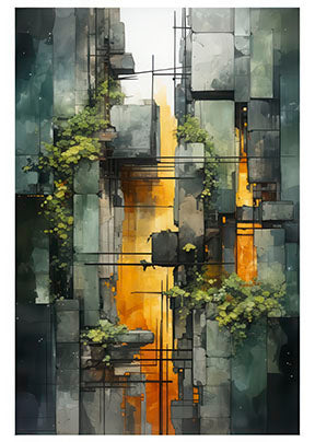 Industrial abstract vertical canvas with deep green and amber urban textures in MDF frame