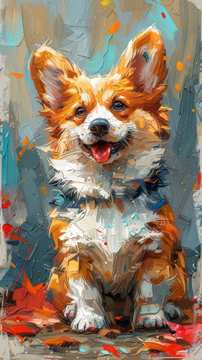 Playful corgi dog canvas artwork with MDF frame and glass front panel