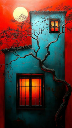 Surreal moonlit house canvas with glowing moon, red and teal tones on premium canvas