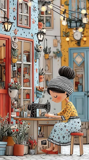 Whimsical sewing girl illustrated on colorful canvas with MDF frame and glass front panel