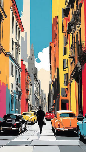 Colorful European street canvas artwork with classic cars in warm tones on premium canvas