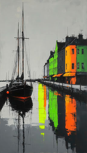 Harbor Reflections Canvas showing colorful buildings reflected on calm water with MDF frame and glass front panel