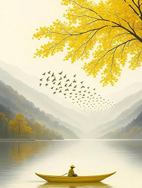 Minimalist peaceful lake boat canvas with autumn tones in MDF frame and glass front