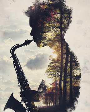 Saxophone silhouette art canvas with forest landscape and MDF frame