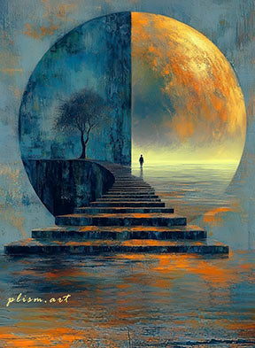 Surreal moon path stairway leading to glowing moon on premium canvas with MDF frame
