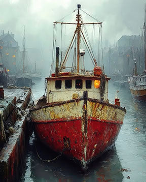 Harbor fishing boat canvas painting on textured premium canvas with MDF frame and glass front panel