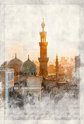 City mosque skyline canvas watercolor cityscape at dawn with MDF frame and glass front