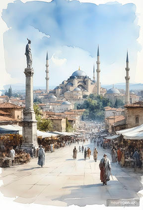Watercolor of historic market street leading to grand mosque on premium canvas with MDF frame