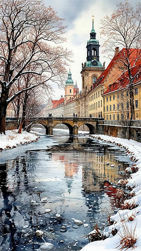 Winter European canal with snowy historic buildings and reflections on premium canvas
