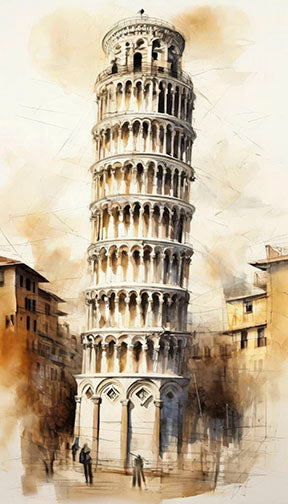 Watercolor-style canvas of Leaning Tower of Pisa with MDF frame and glass front panel