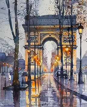 Paris Arc Reflection on wet street cityscape canvas with MDF frame and glass front panel