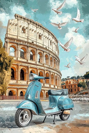 Vintage Vespa in front of the Roman Colosseum on premium canvas titled Rome Vespa Escape