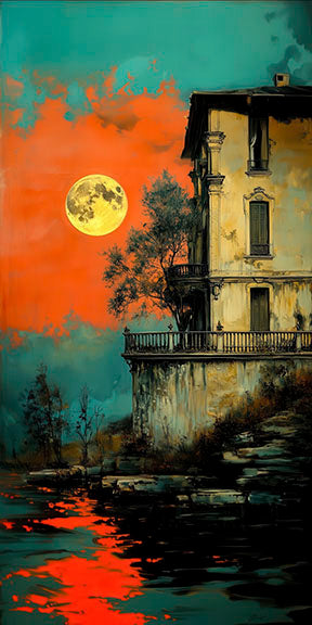 Moonlit waterfront house illuminated at night with reflective water canvas artwork