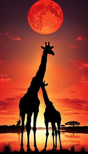 Giraffes silhouette under red moon sunset on premium canvas with MDF frame and glass front panel