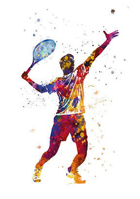 Colorful tennis player mid-serve watercolor canvas on MDF frame