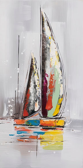 Colorful abstract sailboats reflection on calm water canvas with MDF frame and glass front panel