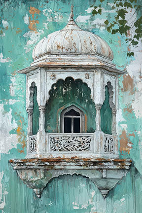 Vintage balcony architecture illustration on textured canvas with MDF frame and glass front panel