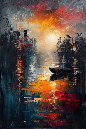 Textured abstract city sunset canvas print with MDF frame and glass panel