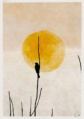 Minimal bird silhouette at golden sunset on premium canvas with MDF frame