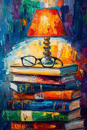 Artistic still life of stacked books and glowing lamp on premium canvas with MDF frame and glass panel