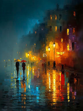Rainy street night canvas print with reflective colors on premium water-resistant canvas in MDF frame