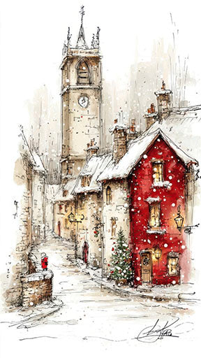 Cozy winter village red house with snowfall on premium canvas