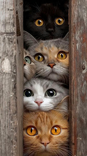 Curious cats portrait of playful cats peeking through wood panels on premium canvas
