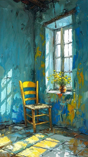 Blue chair in sunlit room on premium canvas with MDF frame and glass front
