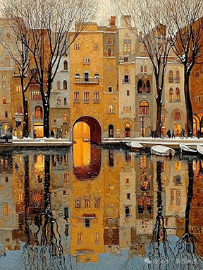 Golden archway reflection on textured canvas with warm golden tones