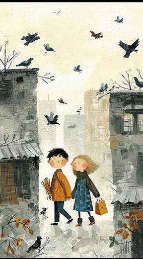 Children walking with birds city illustration on premium canvas with MDF frame and glass front panel