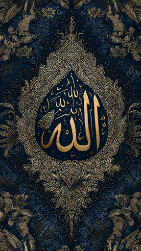 Ornate gold Allah calligraphy on dark patterned canvas with MDF frame and glass front