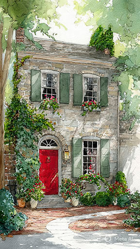 Charming cottage red door surrounded by greenery on premium canvas with MDF frame and glass front panel