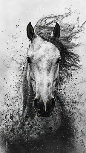 Black and white horse portrait on textured premium canvas in MDF frame with glass front panel