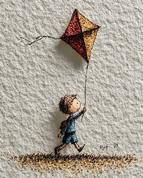 Child flying kite illustration on textured premium canvas with MDF frame and glass front.