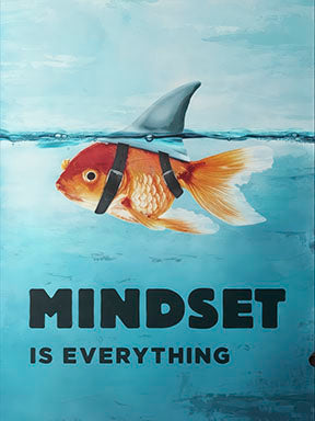 Mindset Motivation Fish Canvas with playful fish illustration and "Mindset Is Everything" quote on premium canvas with MDF frame and glass front panel
