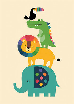 Colorful animal stack kids wall art canvas with playful stacked animals on premium, easy-to-clean canvas