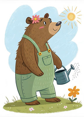Wadi Home framed canvas print of a cartoon bear wearing green overalls and a pink flower in its hair, watering a flower with a watering can.