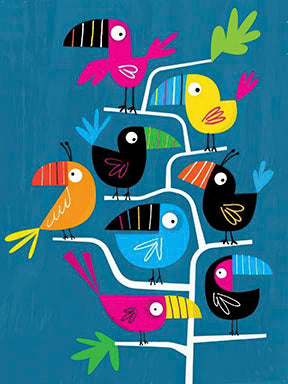 Colorful toucan birds illustration on kids canvas with vibrant MDF frame and glass front panel