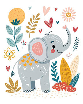 Cute elephant kids wall art canvas with pastel tones on MDF frame