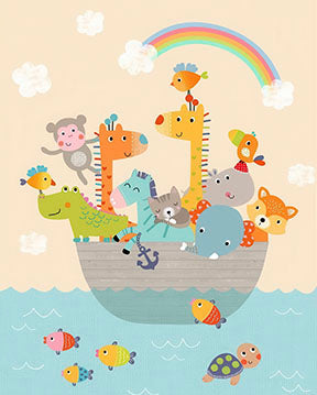 Noah's Ark animal illustration on premium canvas with MDF frame for kids' room decor