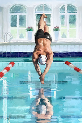 Swimming athlete pool canvas showing dynamic motion and strength on premium water-resistant material