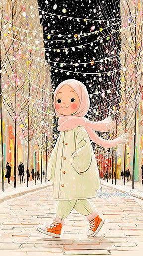 Winter Walk Girl Illustration of a girl walking through winter lights on premium canvas with MDF frame