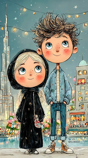 Two kids standing in a glowing kids city night illustration on canvas with MDF frame