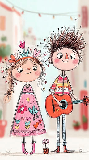 Cute music friends illustration of two kids with flowers on premium canvas