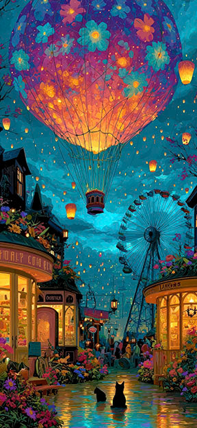 Dreamy night balloon town with glowing balloons and lights on premium canvas