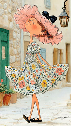 Girl twirling in elegant floral dress illustration on premium canvas with MDF frame