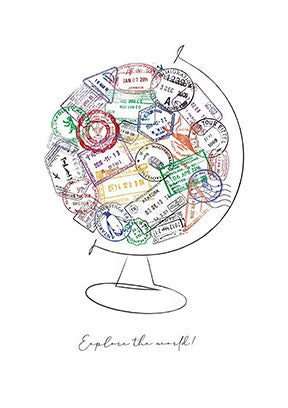 Explore the World Globe travel-themed canvas with passport stamp design in MDF frame